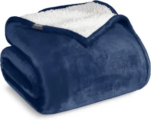 Bare Home Sherpa Fleece Blanket - Twin/Twin Extra Long - Blanket for Bed, Sofa, Couch, Camping, Travel, and Gifts - Warm & Lightweight - Fluffy & Soft Plush - Reversible (Twin/Twin XL, Dark Blue)