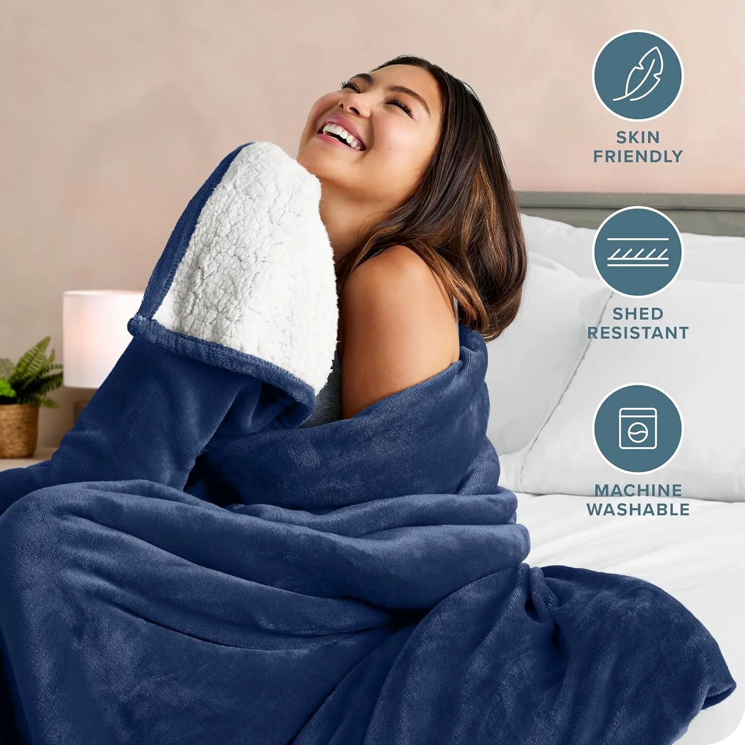 Bare Home Sherpa Fleece Blanket - Twin/Twin Extra Long - Blanket for Bed, Sofa, Couch, Camping, Travel, and Gifts - Warm & Lightweight - Fluffy & Soft Plush - Reversible (Twin/Twin XL, Dark Blue)