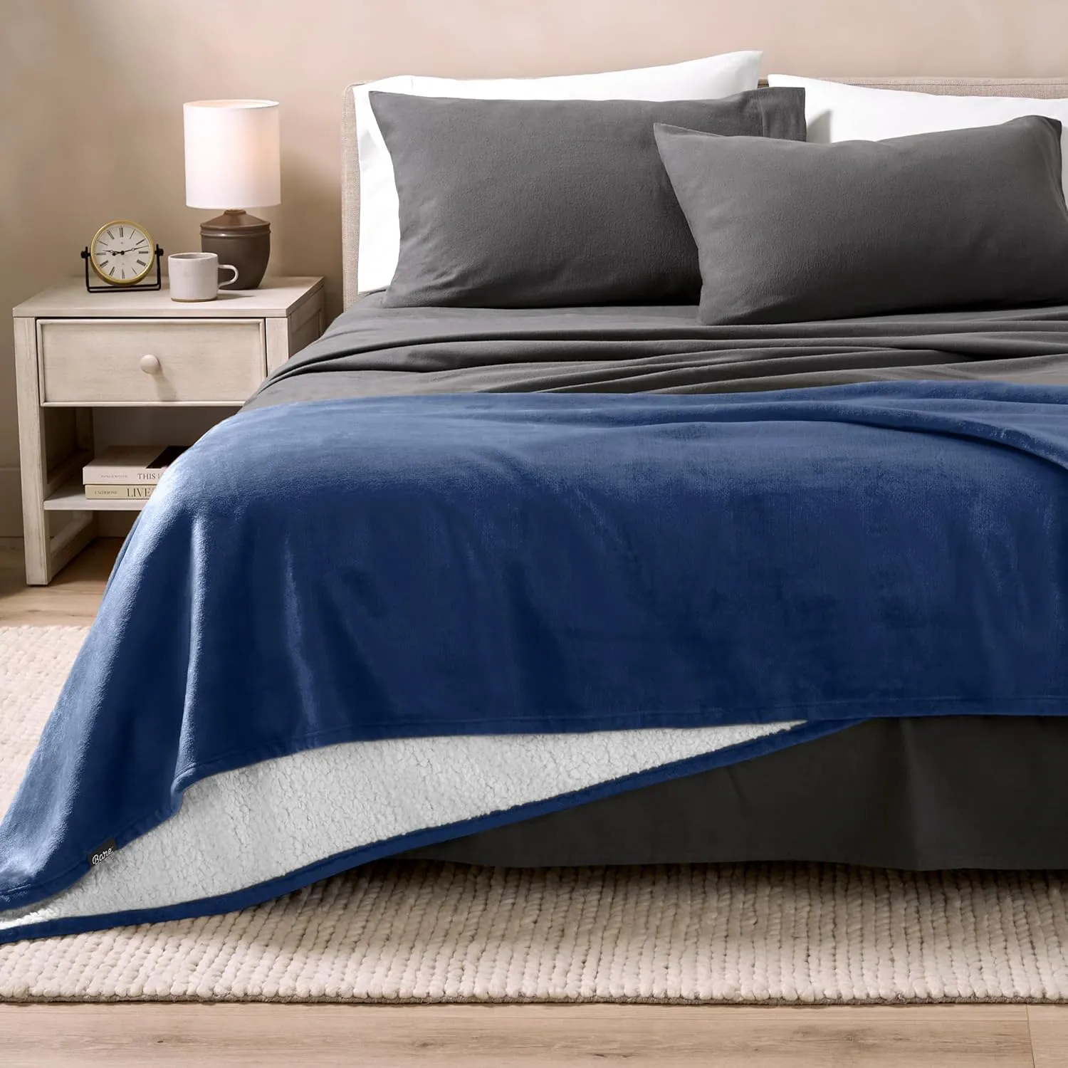 Bare Home Sherpa Fleece Blanket - Twin/Twin Extra Long - Blanket for Bed, Sofa, Couch, Camping, Travel, and Gifts - Warm & Lightweight - Fluffy & Soft Plush - Reversible (Twin/Twin XL, Dark Blue)
