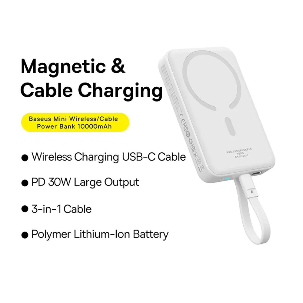 Baseus Magnetic Mini Wireless Fast Charging Power Bank Type-C 10000mAh 30W Starlight White