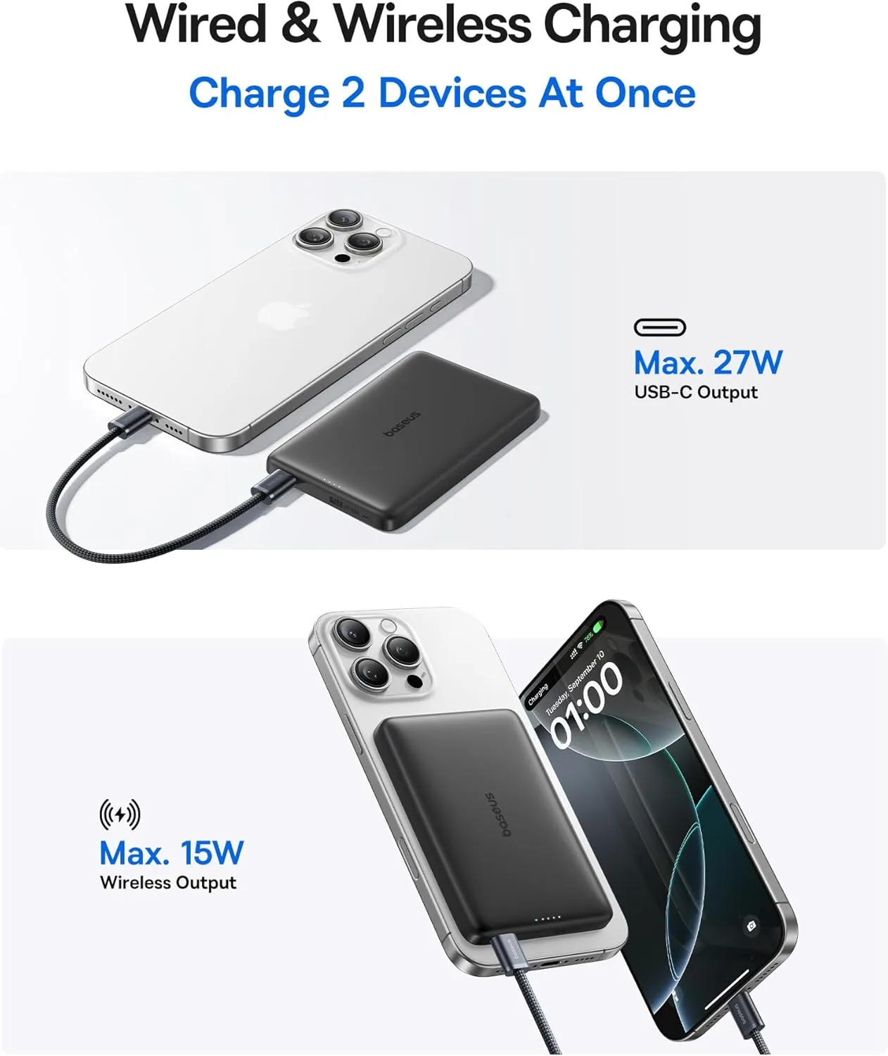 Baseus Picogo Magsafe Portable Charger, 0.5" Ultra Slim Qi2 Certified 15W Wireless Power Bank, 10000mAh 27W Fast Charging Magnetic Battery Pack with USB-C Cable for iPhone 16/15/14/13/12 Series Only