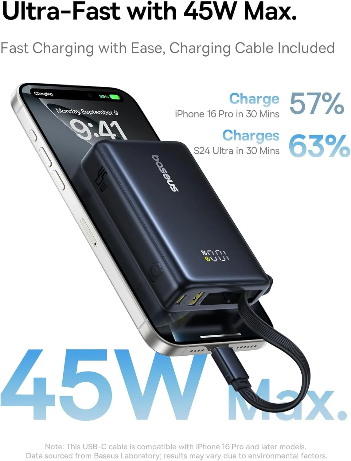 Baseus Power Bank, Picogo 10000mAh 45W 3-Output Portable Charger with Built-in USB-C Cable, PPS/PD QC Fast Charging External Battery Pack for iPhone 16/15/14/13 Series, Samsung S22 S21 Google iPad etc