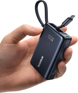 Baseus Power Bank, Picogo 10000mAh 45W 3-Output Portable Charger with Built-in USB-C Cable, PPS/PD QC Fast Charging External Battery Pack for iPhone 16/15/14/13 Series, Samsung S22 S21 Google iPad etc