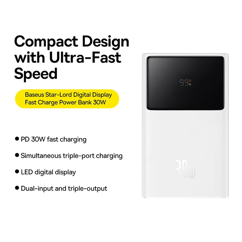 Baseus Star-Lord Digital Display Fast Charge Power Bank 10000mAh 30W - Moon White