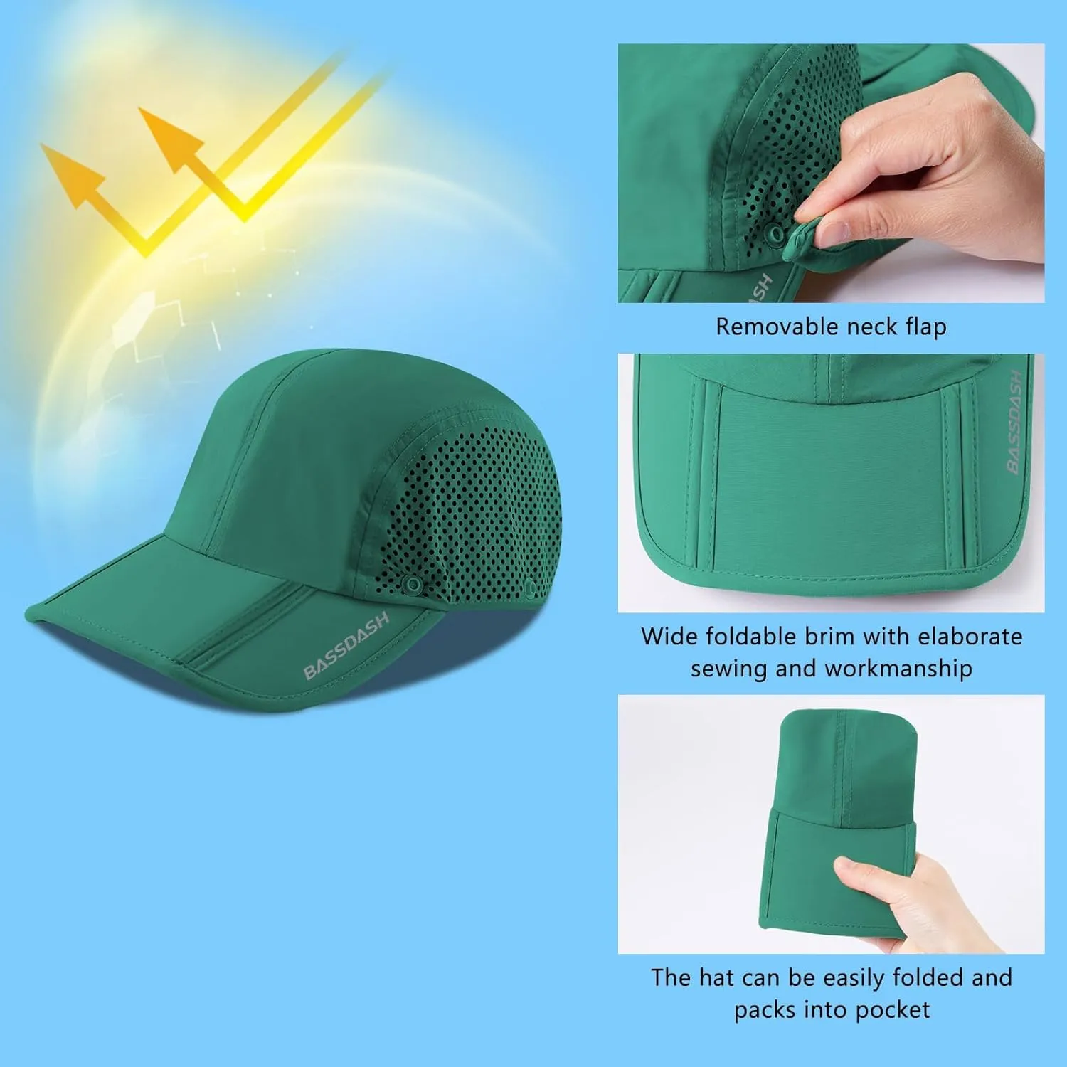 BASSDASH UPF 50  Foldable Fishing Hat Baseball Cap with Removable Neck Flap Portable for Men Women Golf Hiking