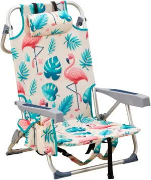 Beach Chair for Adults, Portable Outdoor Reclining Camping Chair with 5-Position, Lightweight Folding Chairs with Headrest, Cooler Pouch, Cup Holders, Towel Bar, Shoulder Strap, Flamingo