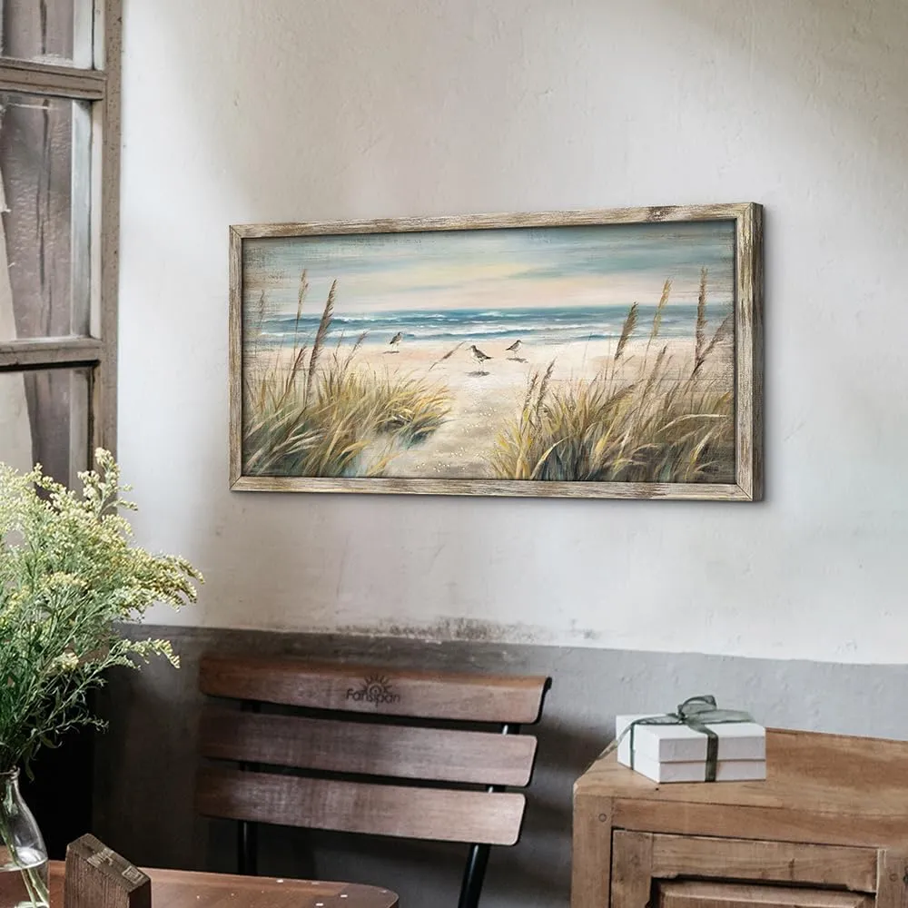Beach Ocean Painting Wall Art: Framed Coastal Picture Wooden Sea Bird Print Seaside Sand Seascape Artwork Decor for Living Room Bedroom Bathroom 24x12 inch