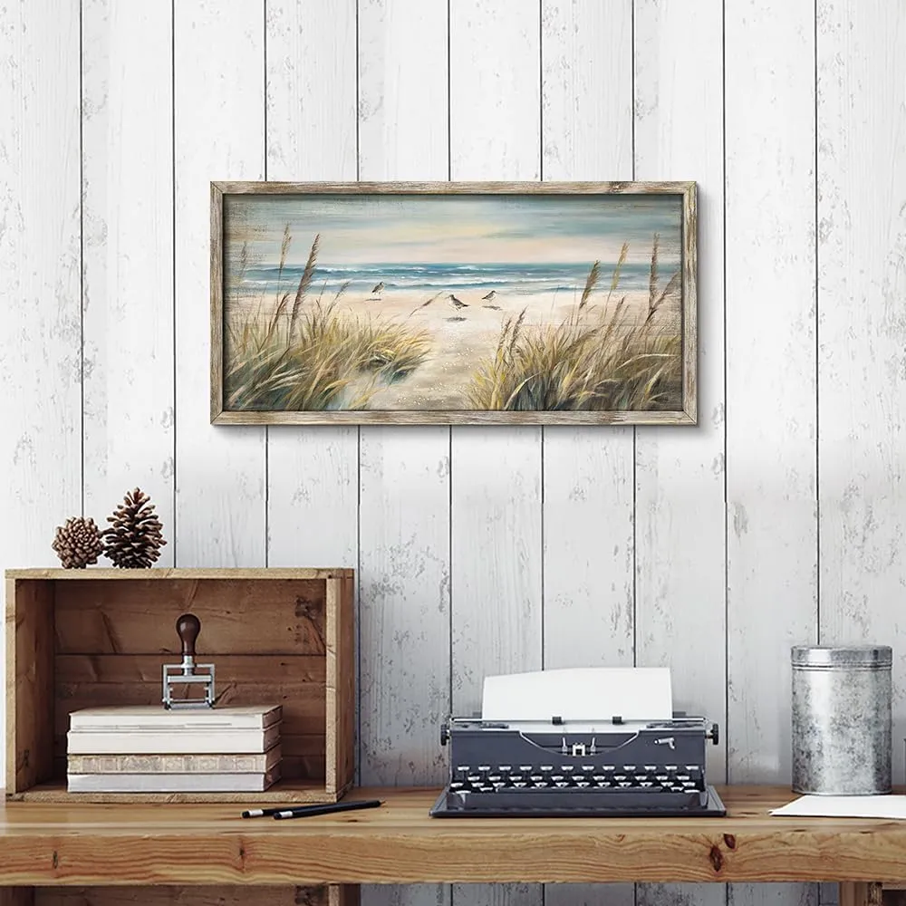 Beach Ocean Painting Wall Art: Framed Coastal Picture Wooden Sea Bird Print Seaside Sand Seascape Artwork Decor for Living Room Bedroom Bathroom 24x12 inch