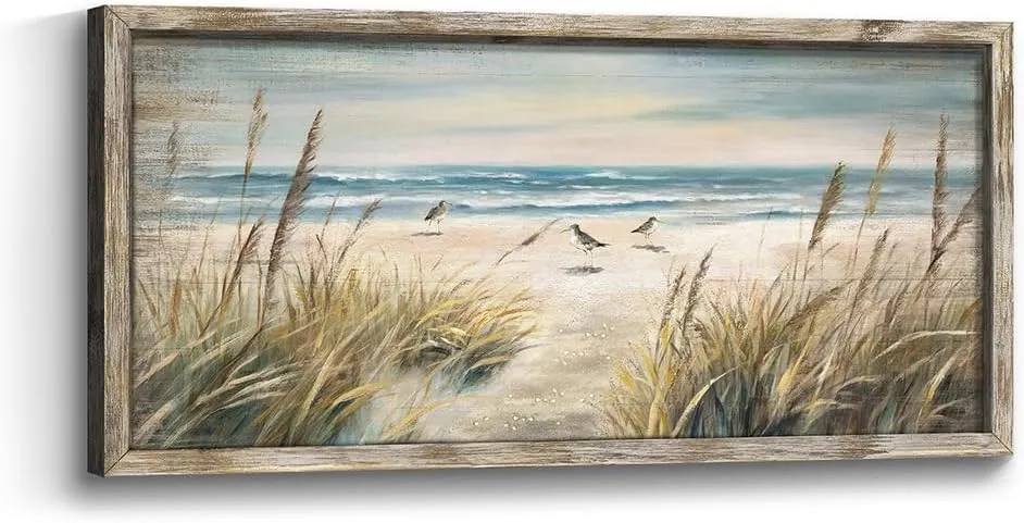 Beach Ocean Painting Wall Art: Framed Coastal Picture Wooden Sea Bird Print Seaside Sand Seascape Artwork Decor for Living Room Bedroom Bathroom 24x12 inch