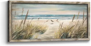 Beach Ocean Painting Wall Art: Framed Coastal Picture Wooden Sea Bird Print Seaside Sand Seascape Artwork Decor for Living Room Bedroom Bathroom 24x12 inch