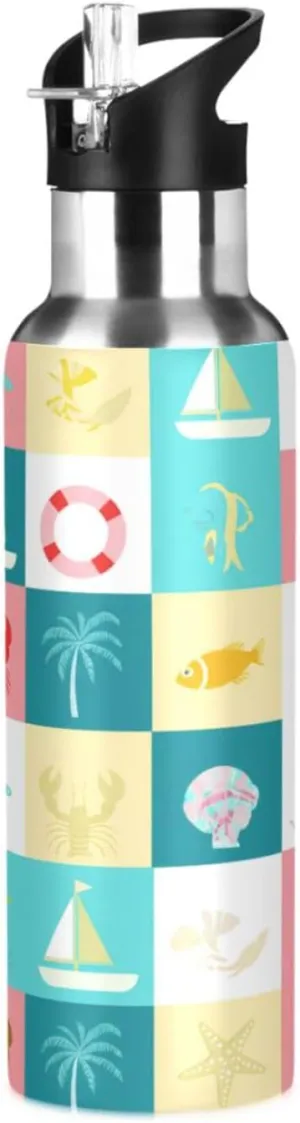 Beach Patchwork Sports Water Bottle with Straw, 22oz BPA Free Stainless Steel Vacuum Insulated Bottle for Gym Fitness Outdoor