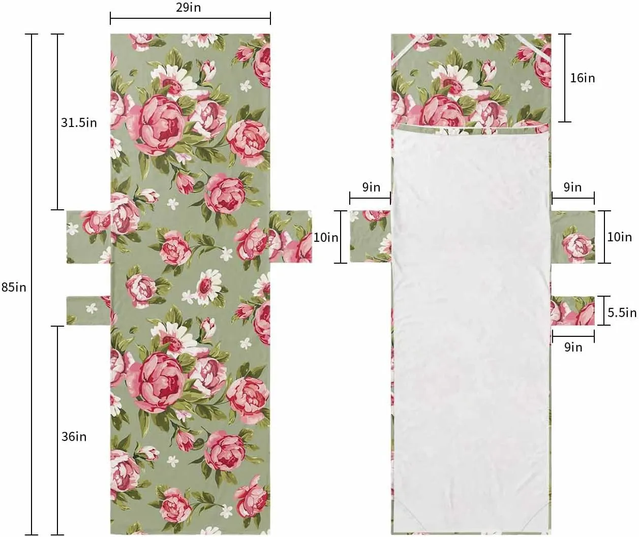 Beach Pool Patio Lounge Chaise Chair Cover Towel with Pockets,Sage Green Floral Absorbent & Quick Dry Microfiber Towel Cover Bag Summer Travel Accessories Retro Pastel Pink Flower Botanical Leaf