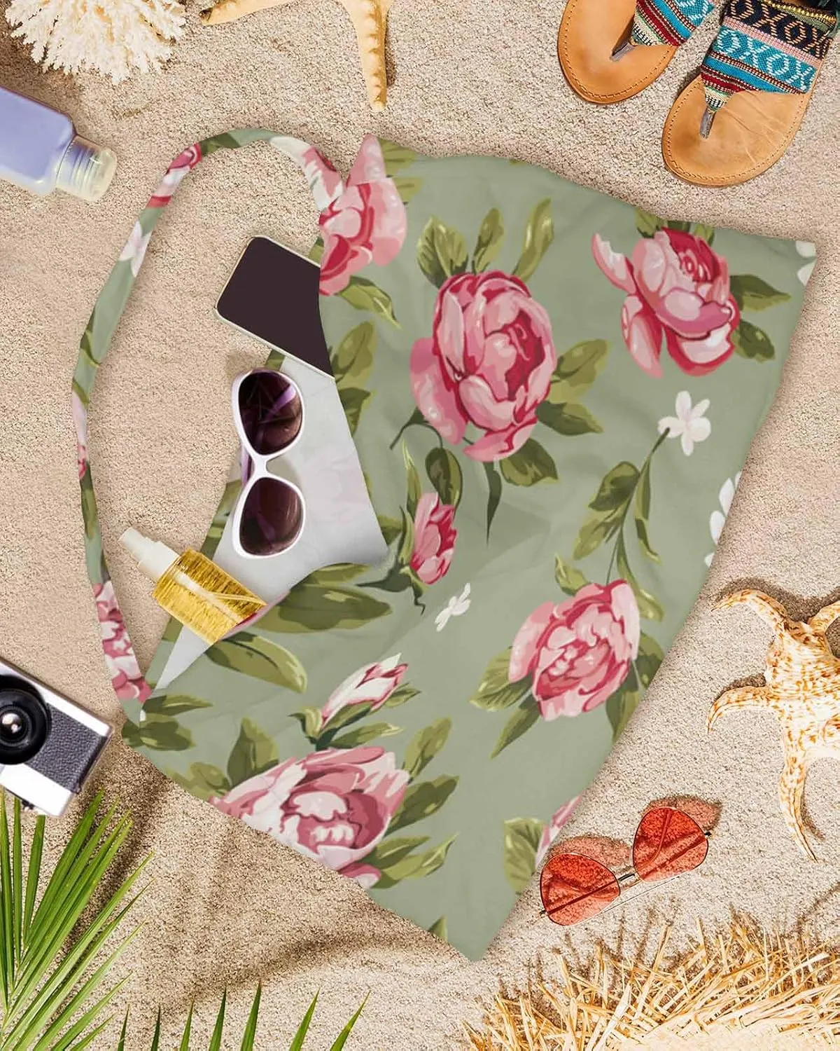 Beach Pool Patio Lounge Chaise Chair Cover Towel with Pockets,Sage Green Floral Absorbent & Quick Dry Microfiber Towel Cover Bag Summer Travel Accessories Retro Pastel Pink Flower Botanical Leaf
