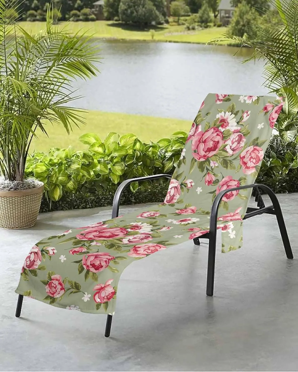 Beach Pool Patio Lounge Chaise Chair Cover Towel with Pockets,Sage Green Floral Absorbent & Quick Dry Microfiber Towel Cover Bag Summer Travel Accessories Retro Pastel Pink Flower Botanical Leaf