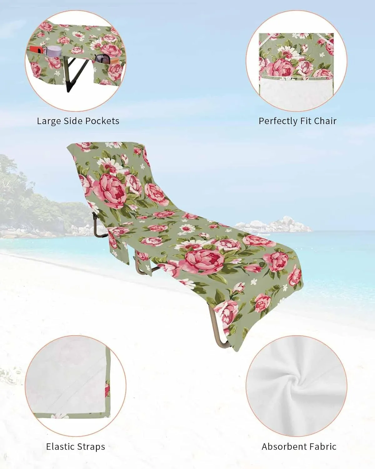 Beach Pool Patio Lounge Chaise Chair Cover Towel with Pockets,Sage Green Floral Absorbent & Quick Dry Microfiber Towel Cover Bag Summer Travel Accessories Retro Pastel Pink Flower Botanical Leaf