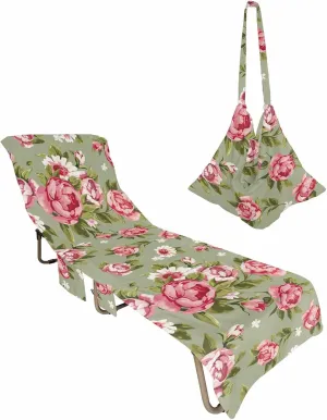 Beach Pool Patio Lounge Chaise Chair Cover Towel with Pockets,Sage Green Floral Absorbent & Quick Dry Microfiber Towel Cover Bag Summer Travel Accessories Retro Pastel Pink Flower Botanical Leaf