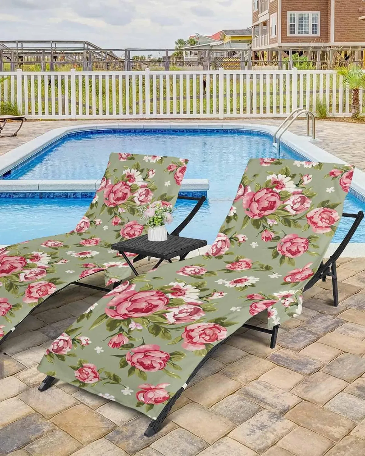 Beach Pool Patio Lounge Chaise Chair Cover Towel with Pockets,Sage Green Floral Absorbent & Quick Dry Microfiber Towel Cover Bag Summer Travel Accessories Retro Pastel Pink Flower Botanical Leaf