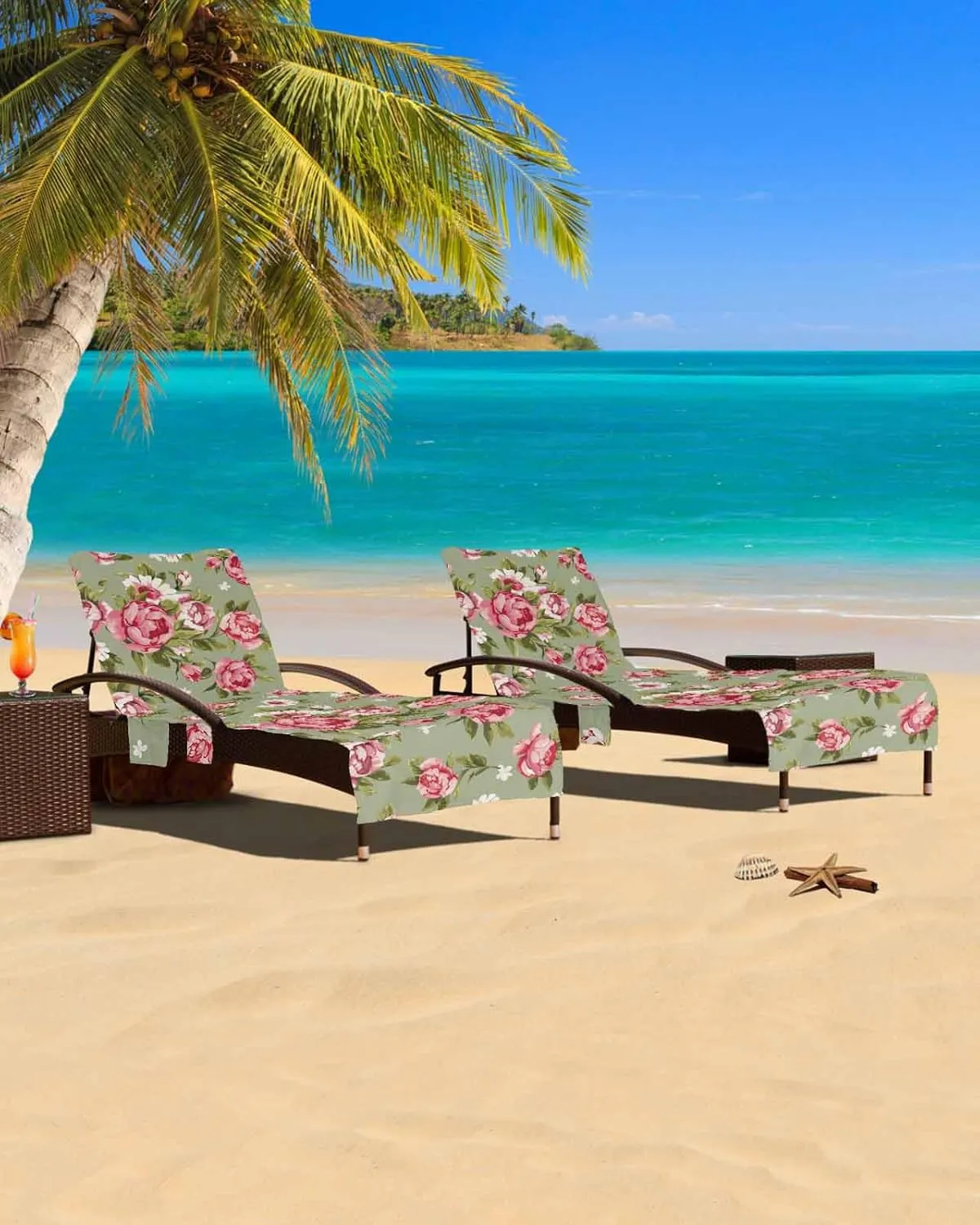 Beach Pool Patio Lounge Chaise Chair Cover Towel with Pockets,Sage Green Floral Absorbent & Quick Dry Microfiber Towel Cover Bag Summer Travel Accessories Retro Pastel Pink Flower Botanical Leaf