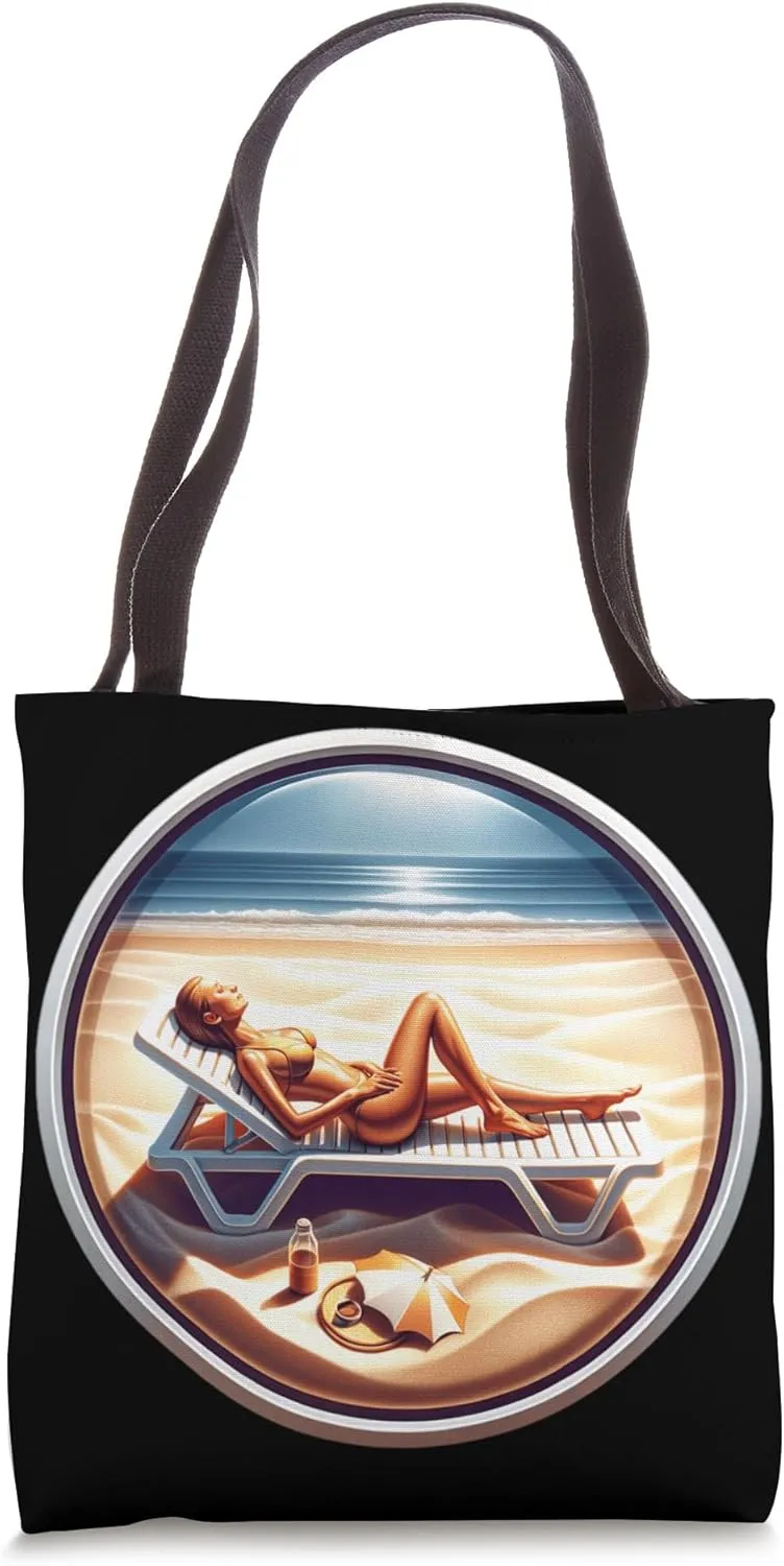 Beach Scene Woman Sunbathing With Hat And Bottle Nearby Tote Bag