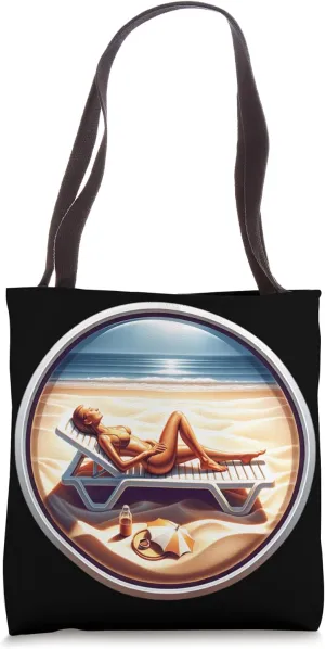 Beach Scene Woman Sunbathing With Hat And Bottle Nearby Tote Bag