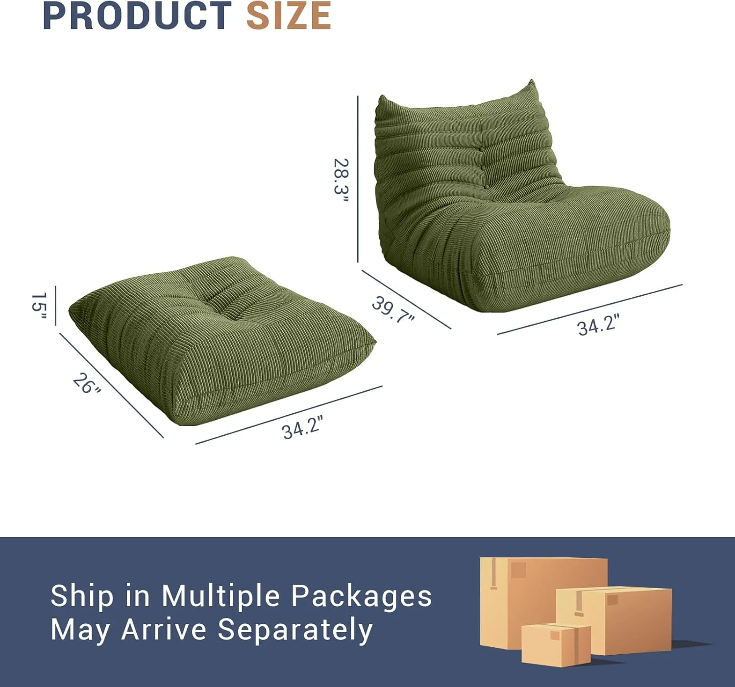 Bean Bag Chair for Adults, Fireside Chair Lazy Floor Sofa, Modern Corduroy Fabric Caterpillar Sofa Couch, Armless Foam Lounger Tatami Recliner Bean Bag Couch for Living Room Bedroom Dorm Office
