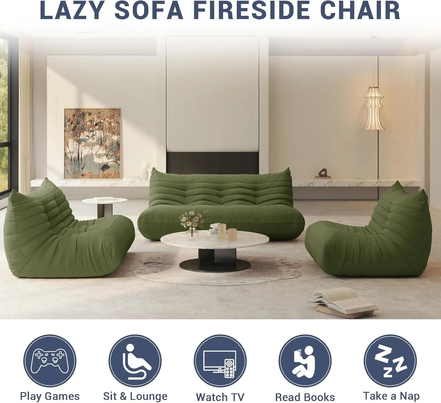 Bean Bag Chair for Adults, Fireside Chair Lazy Floor Sofa, Modern Corduroy Fabric Caterpillar Sofa Couch, Armless Foam Lounger Tatami Recliner Bean Bag Couch for Living Room Bedroom Dorm Office