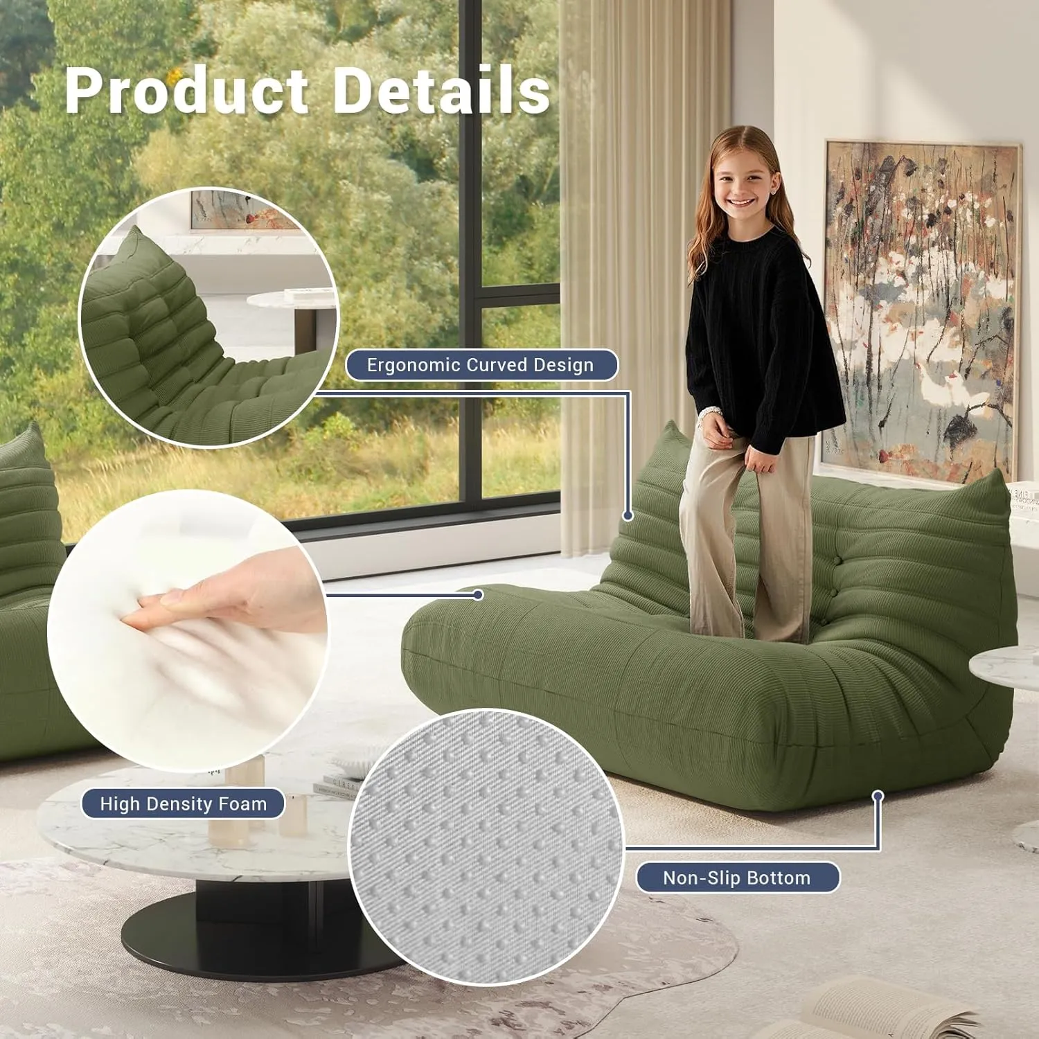 Bean Bag Chair for Adults, Fireside Chair Lazy Floor Sofa, Modern Corduroy Fabric Caterpillar Sofa Couch, Armless Foam Lounger Tatami Recliner Bean Bag Couch for Living Room Bedroom Dorm Office