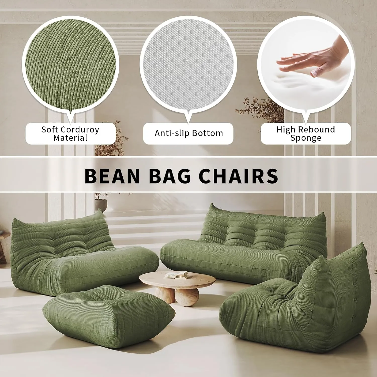 Bean Bag Chair for Adults Fireside Sofa Floor Lazy Couches with Ergonomic Corduroy Cozy Memory Foam Lounger Couch for Dorm, Apartment and Gaming Venue,Olive Green