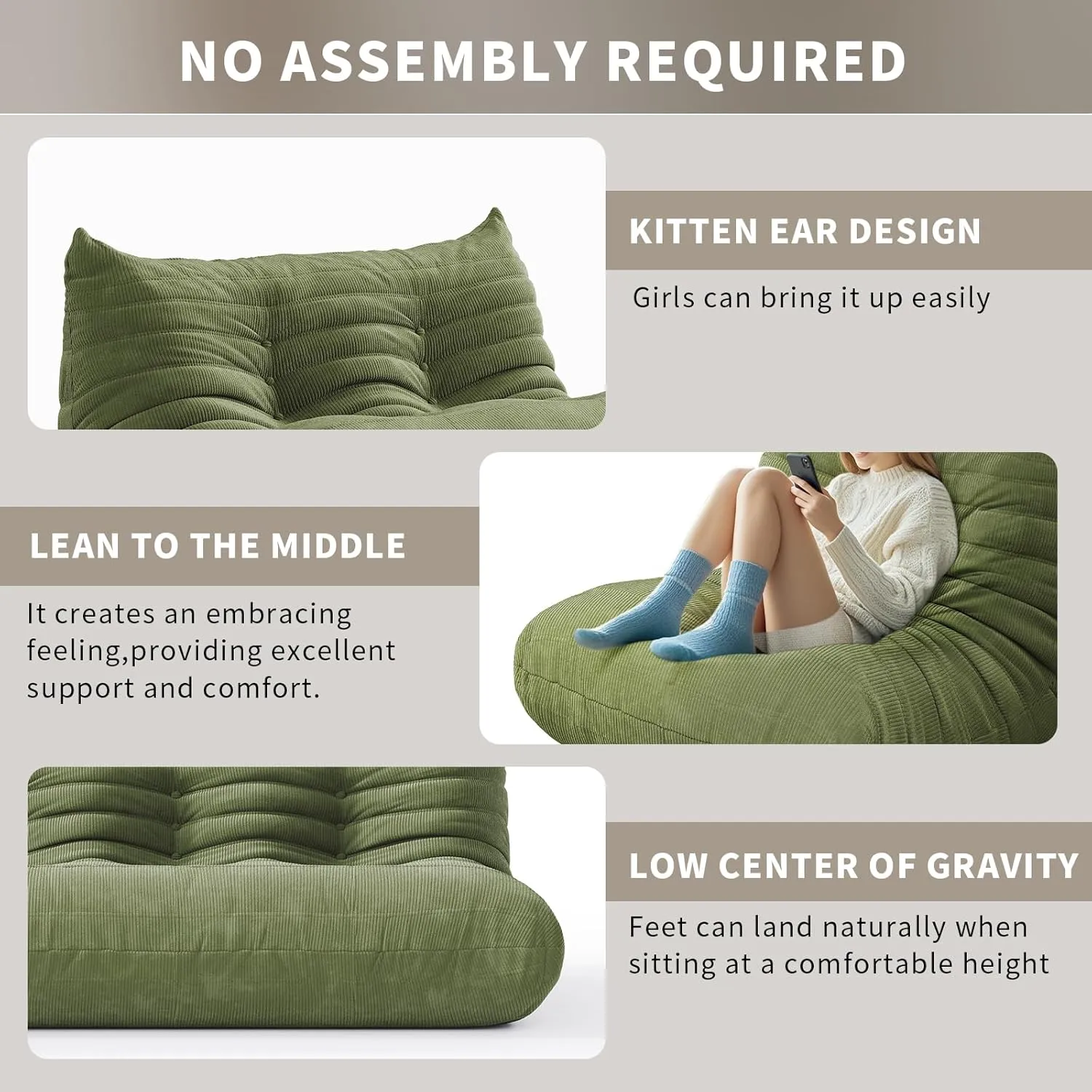 Bean Bag Chair for Adults Fireside Sofa Floor Lazy Couches with Ergonomic Corduroy Cozy Memory Foam Lounger Couch for Dorm, Apartment and Gaming Venue,Olive Green