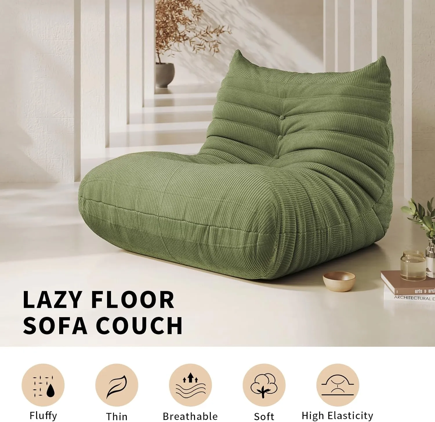 Bean Bag Chair for Adults Fireside Sofa Floor Lazy Couches with Ergonomic Corduroy Cozy Memory Foam Lounger Couch for Dorm, Apartment and Gaming Venue,Olive Green