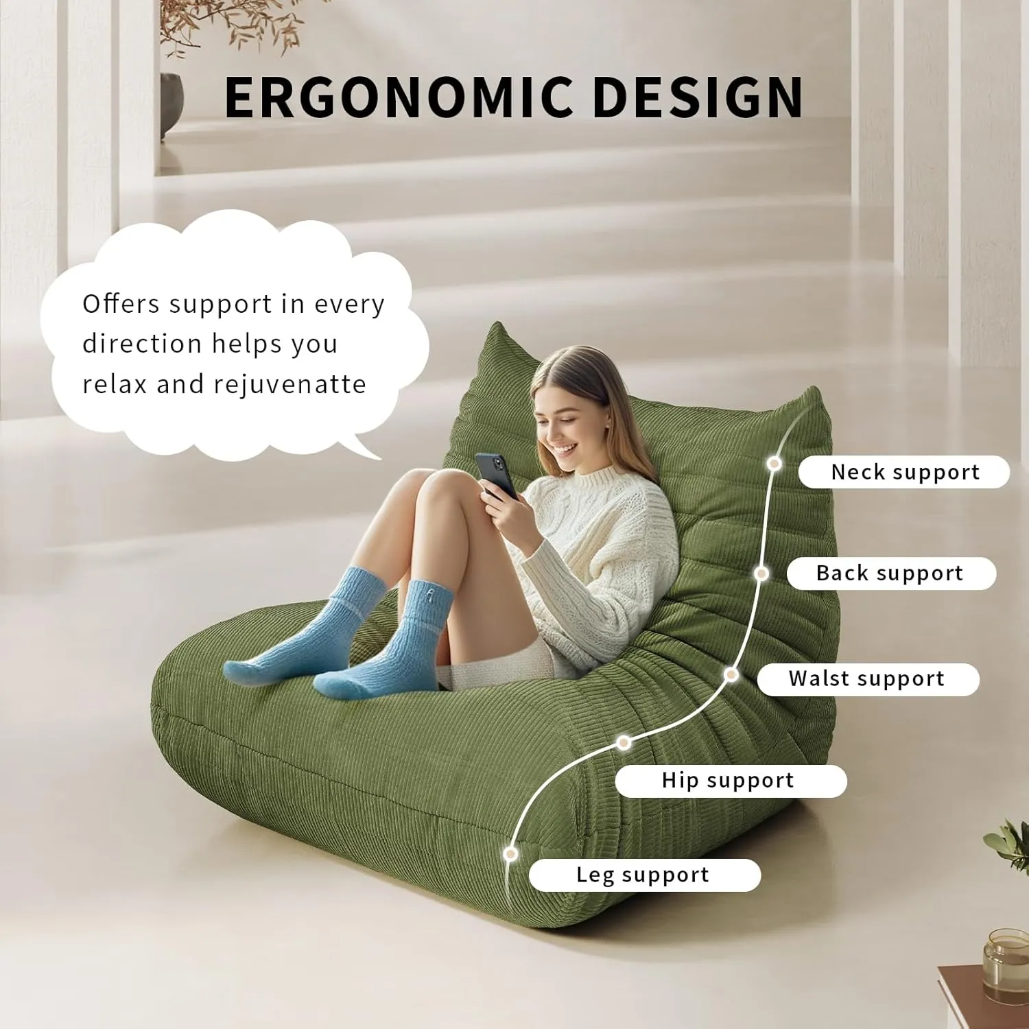 Bean Bag Chair for Adults Fireside Sofa Floor Lazy Couches with Ergonomic Corduroy Cozy Memory Foam Lounger Couch for Dorm, Apartment and Gaming Venue,Olive Green