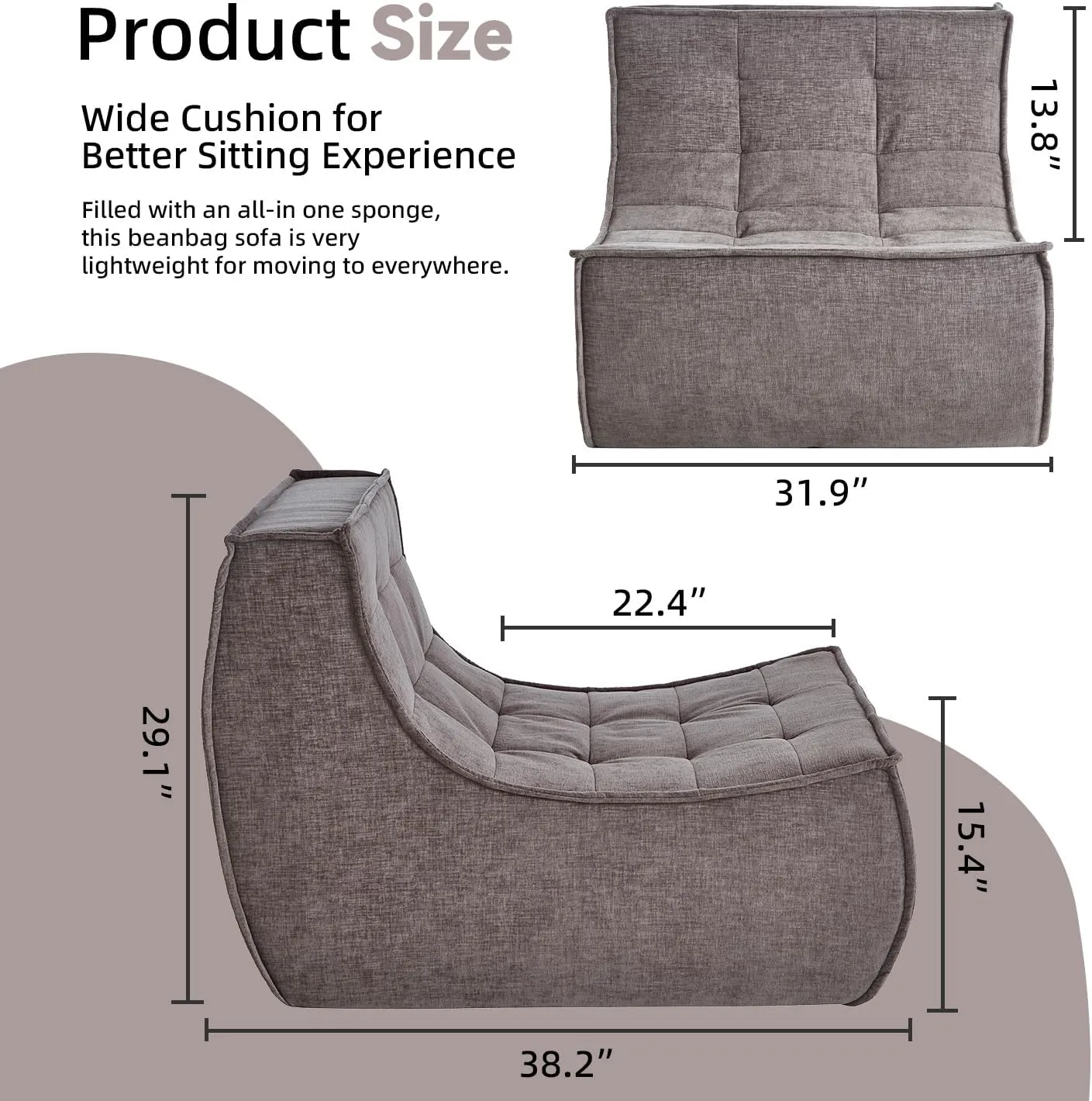 Bean Bag Chair, Lazy Floor Chair Chenille Single Couch with Backrest, Fireside Bean Bag Lounger Memory Foam Chair for Bedroom, Living Room, Reading Room and Gaming Venue, Brown