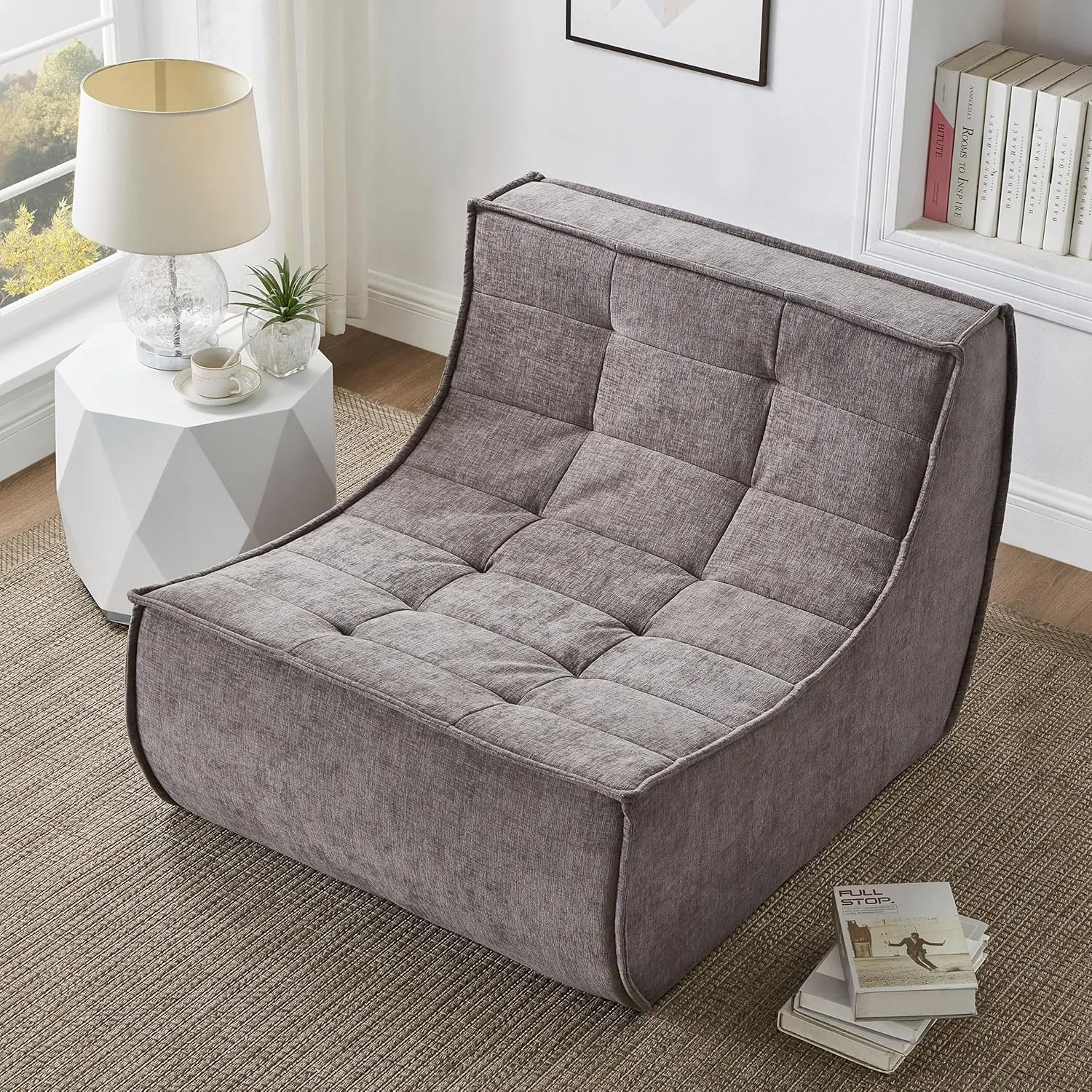 Bean Bag Chair, Lazy Floor Chair Chenille Single Couch with Backrest, Fireside Bean Bag Lounger Memory Foam Chair for Bedroom, Living Room, Reading Room and Gaming Venue, Brown