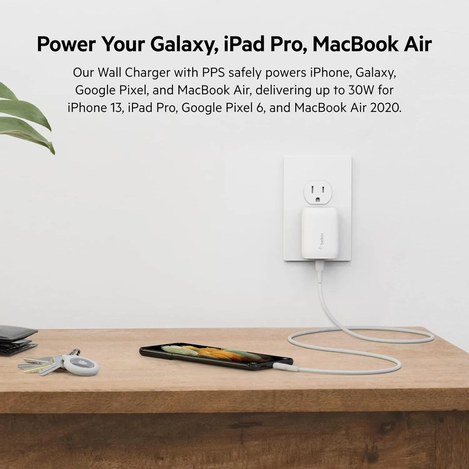 Belkin 30W USB-C Wall Charger with USB-C to C Cable, PPS, PowerDelivery, USB-IF Certified PD 3.0 Fast Charging for iPhone 16, iPad, Samsung Galaxy S25, Google Pixel, Nintendo Switch 2 & More - White