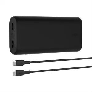Belkin Portable Charger, 3-Port Compact Power Bank 20,000mAh w/PD 20W for iPhone 16, 15, 14, Pro, AirPods, Nintendo Switch 2 & More - Travel-Friendly Design w/ 12in USB-C to USB-C Cable - Black