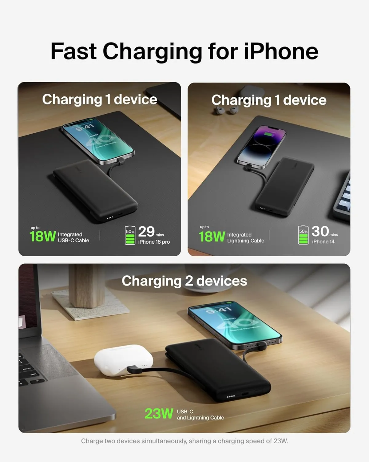 Belkin Portable Charger, Power Bank 10,000mAh, 23W w/Integrated Lightning Cable & USB-C Cable - Charger Battery Pack for Apple iPhone 16, 15, Galaxy S25, Nintendo Switch 2, Travel Essentials - Black