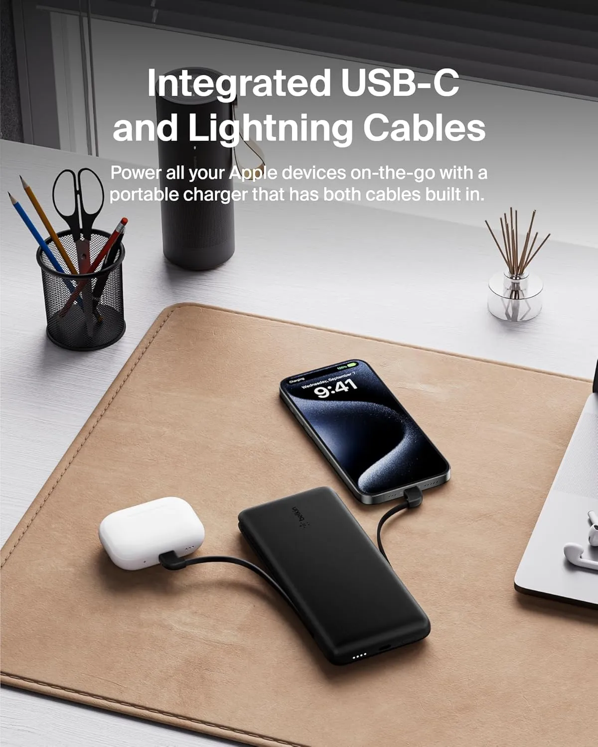 Belkin Portable Charger, Power Bank 10,000mAh, 23W w/Integrated Lightning Cable & USB-C Cable - Charger Battery Pack for Apple iPhone 16, 15, Galaxy S25, Nintendo Switch 2, Travel Essentials - Black