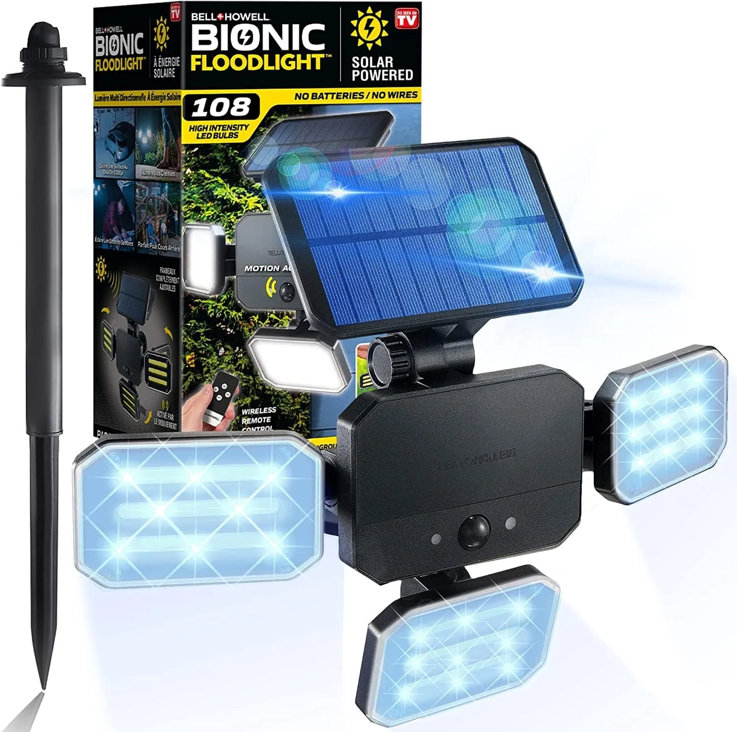 Bell Howell Bionic Floodlight with Motion Sensing - Solar Outdoor Lights 108 High Power LED Bulbs Adjustable, Swiveling Panels for Garden Patio and Lawn As Seen On TV