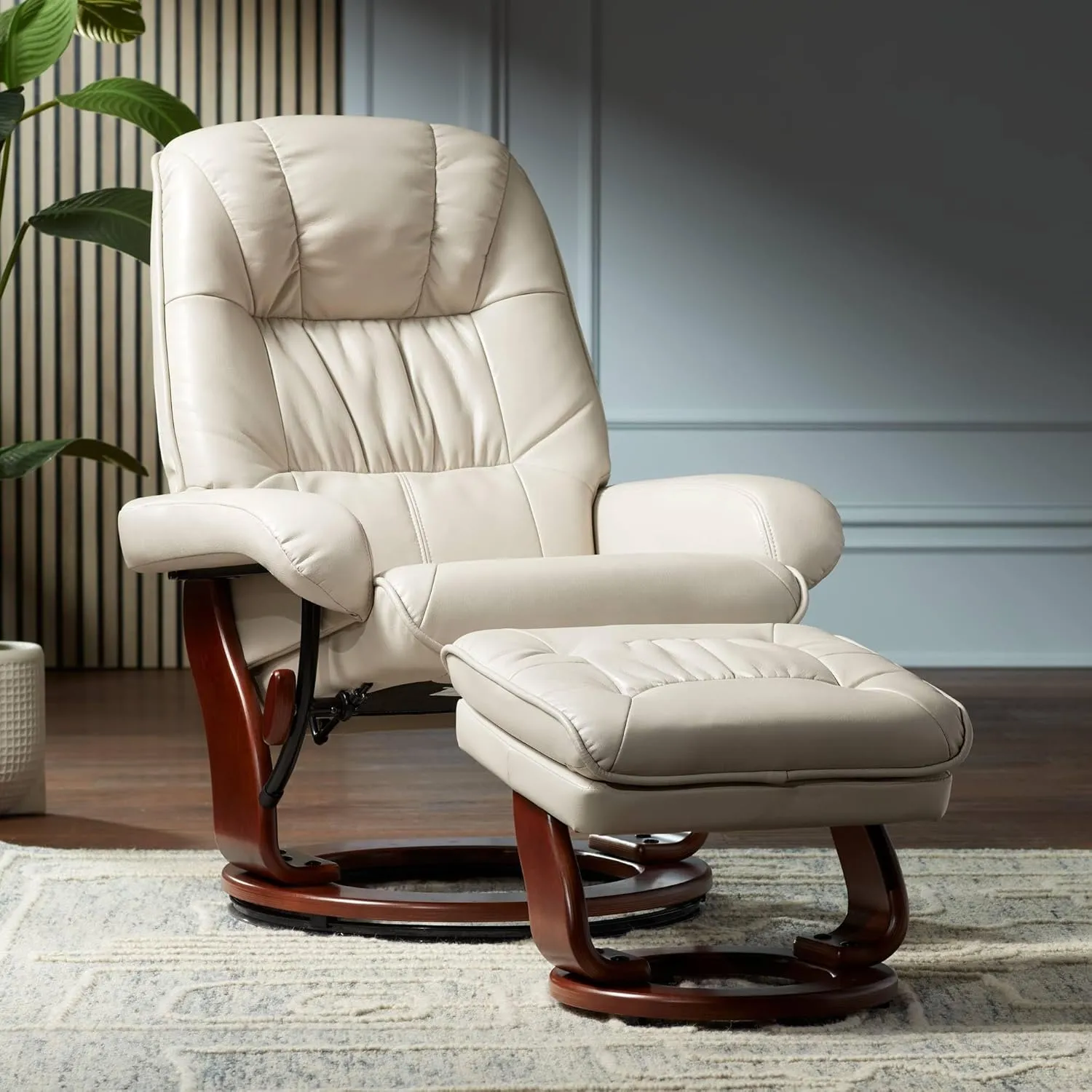 Benchmaster Kyle Taupe Swivel Faux Leather Recliner with Ottoman Chair Modern Armchair Ergonomic Push Manual Reclining Footrest Upholstered Bedroom Living Room Reading Home Relax Office