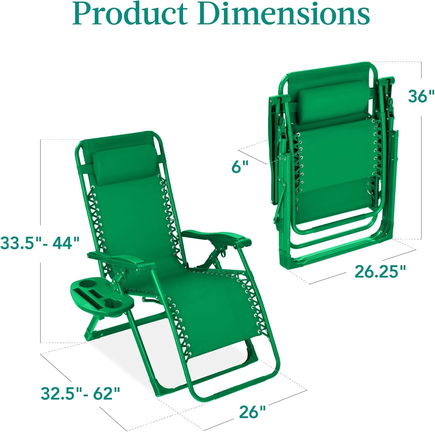 Best Choice Products Adjustable Zero Gravity Chair, Monochromatic Color Folding Patio Recliner w/Side Tray, Headrest - Basil