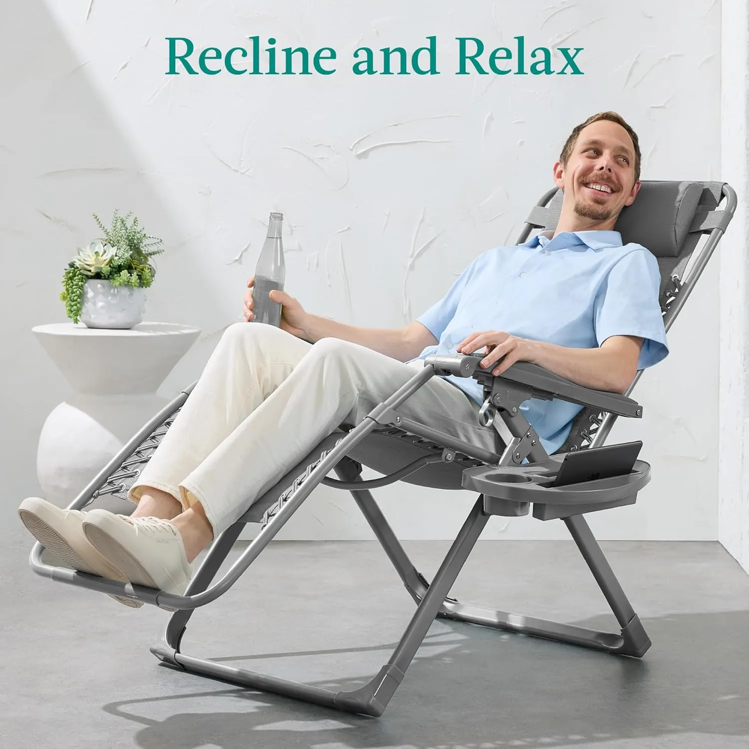 Best Choice Products Adjustable Zero Gravity Chair, Monochromatic Color Folding Patio Recliner w/Side Tray, Headrest - Dove Gray