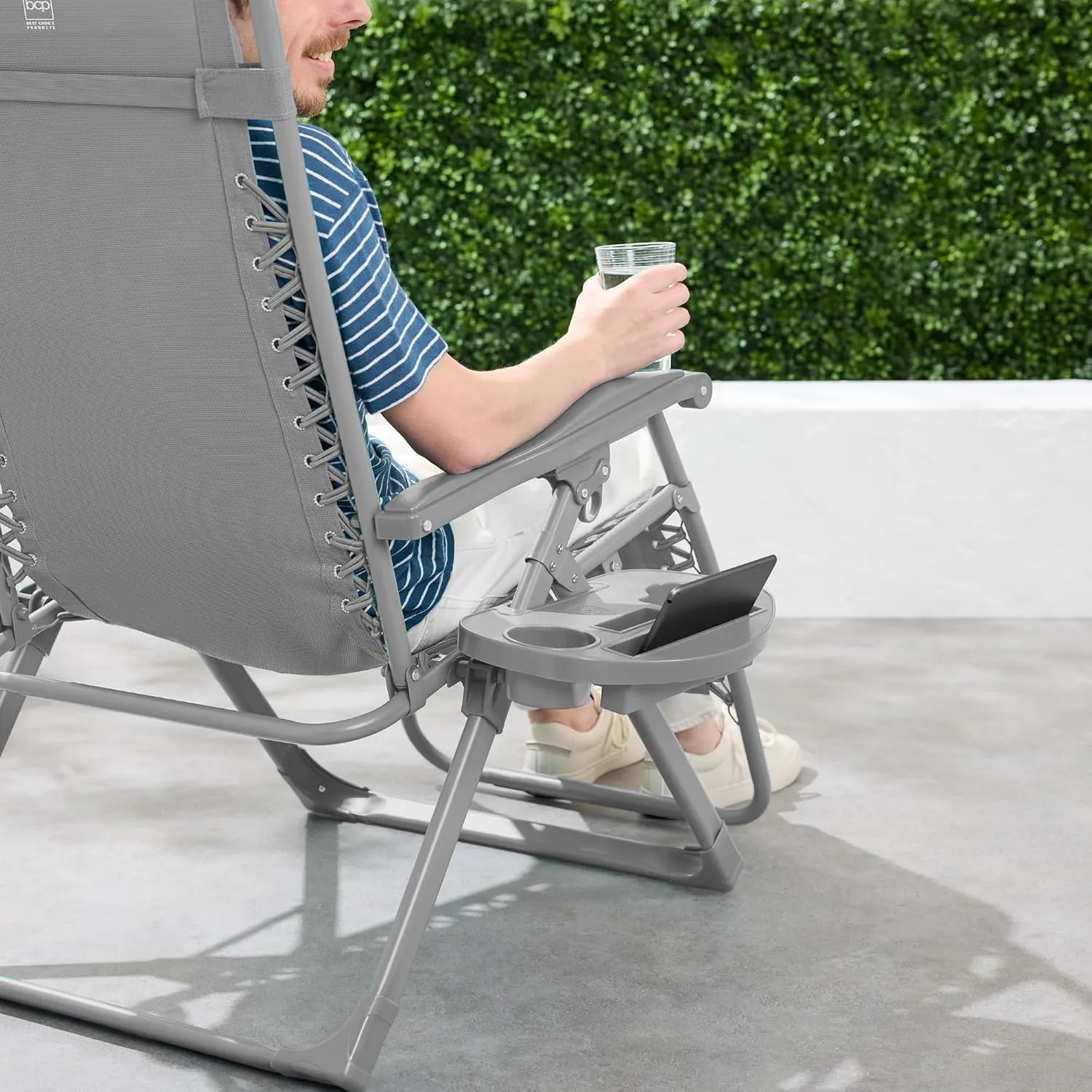 Best Choice Products Adjustable Zero Gravity Chair, Monochromatic Color Folding Patio Recliner w/Side Tray, Headrest - Dove Gray