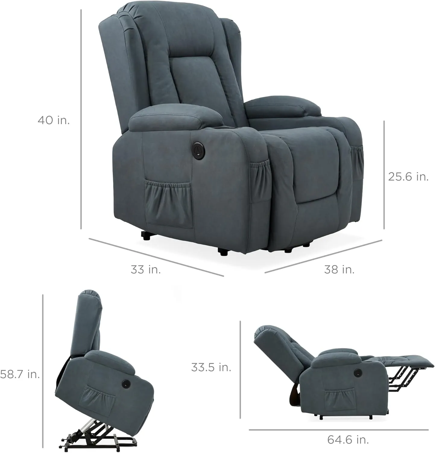 Best Choice Products PU Leather Electric Power Lift Chair, Recliner Massage Chair, Adjustable Furniture for Back, Legs w/ 3 Positions, USB Port, Heat, Cupholders, Easy-to-Reach Side Button - Blue