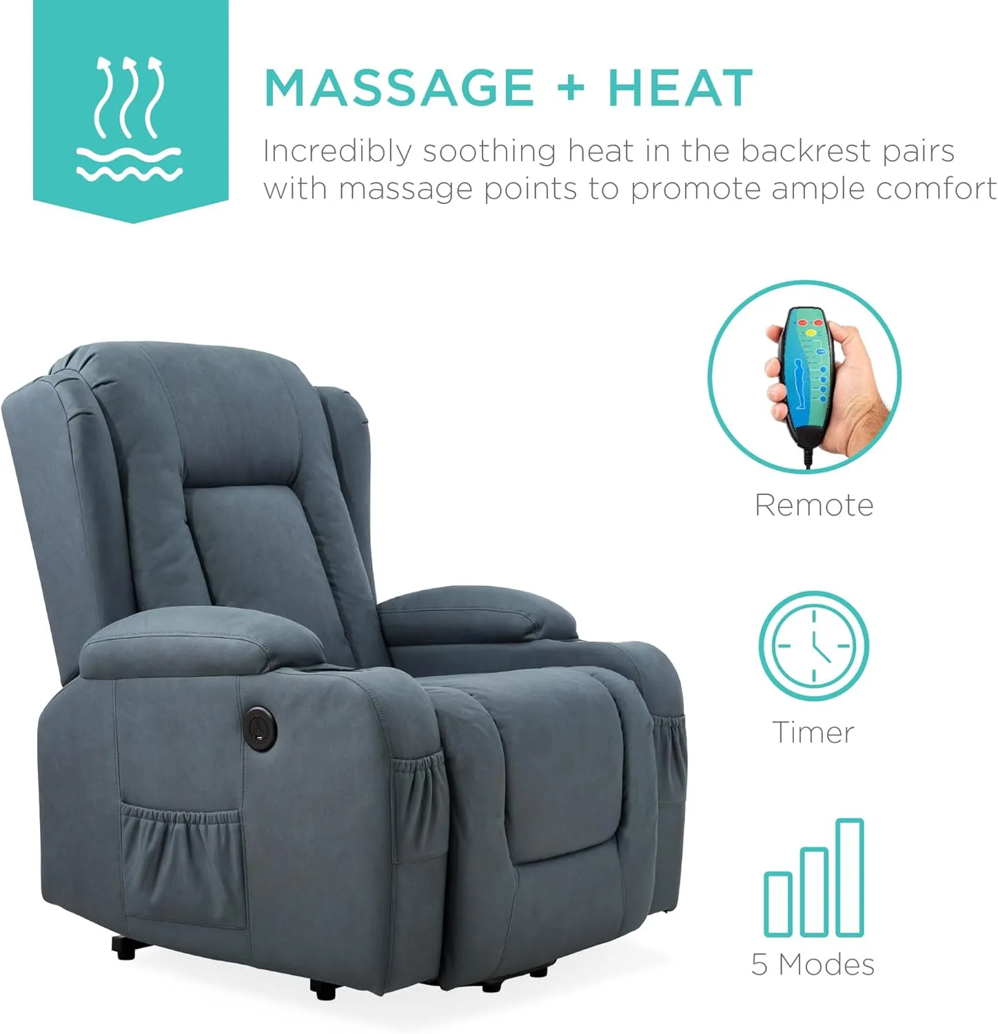 Best Choice Products PU Leather Electric Power Lift Chair, Recliner Massage Chair, Adjustable Furniture for Back, Legs w/ 3 Positions, USB Port, Heat, Cupholders, Easy-to-Reach Side Button - Blue