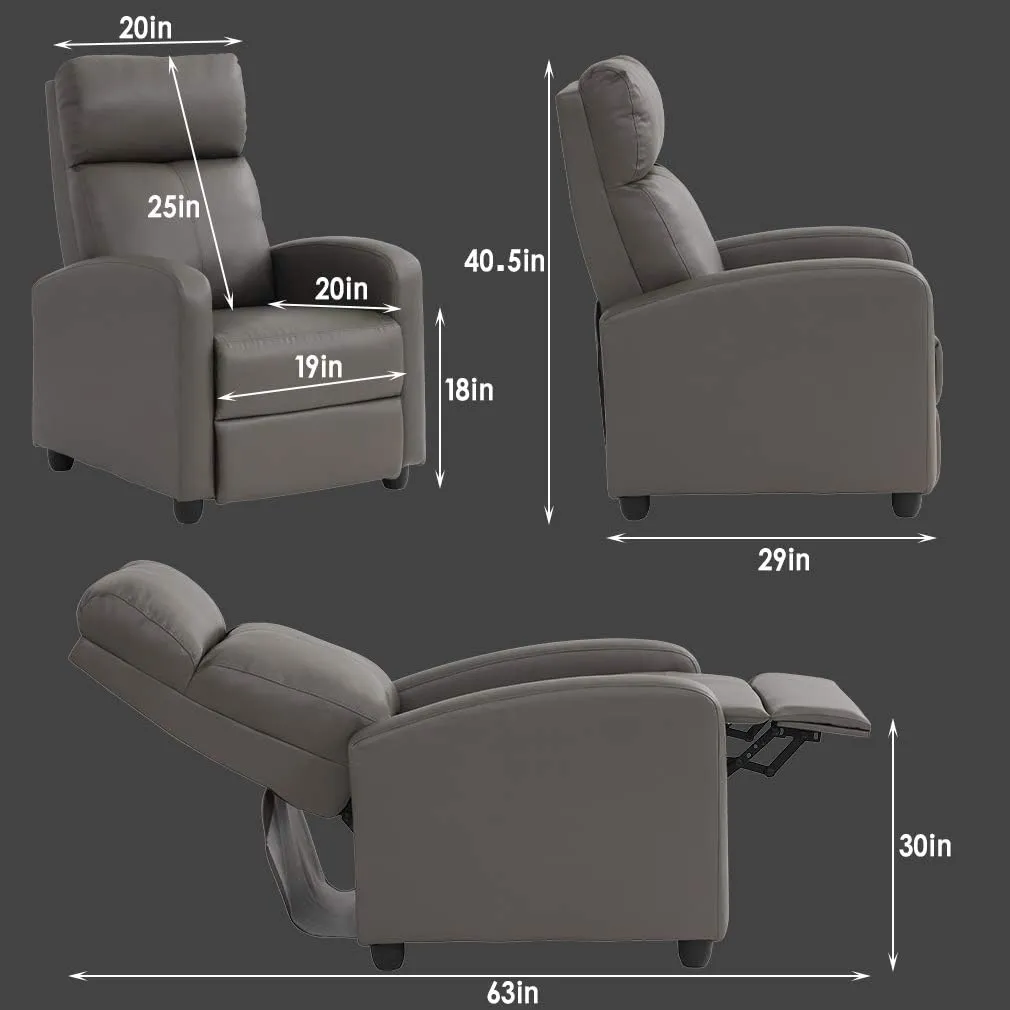 BestMassage Recliner Chair for Living Room Modern Wingback Sofa Home Theater Seating Push Back Reclining Chair with Lumbar Support (Without Massage, PU Grey)