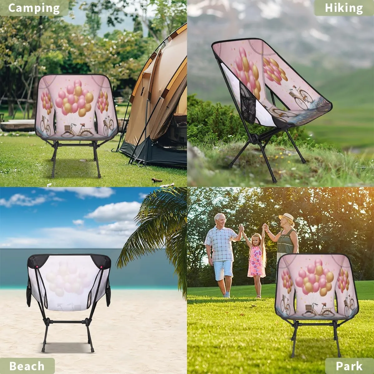Bicycle Balloons Portable Camping Chair Lightweight Folding Backpacking Chair, Compact Foldable Beach Seat with Carry Bag for Outdoor Hiking Fishing Travel