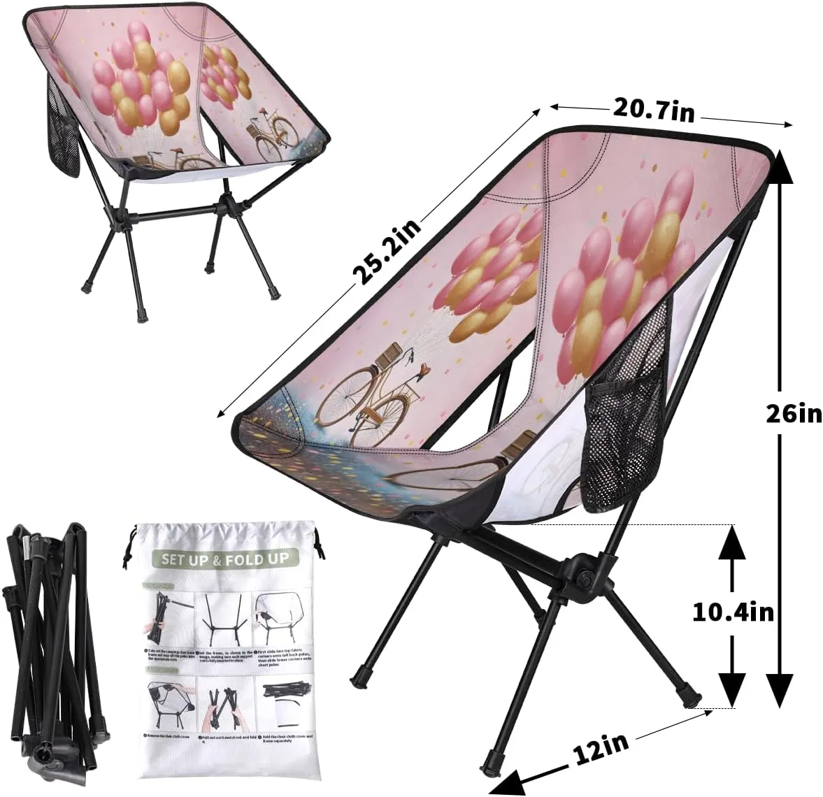 Bicycle Balloons Portable Camping Chair Lightweight Folding Backpacking Chair, Compact Foldable Beach Seat with Carry Bag for Outdoor Hiking Fishing Travel