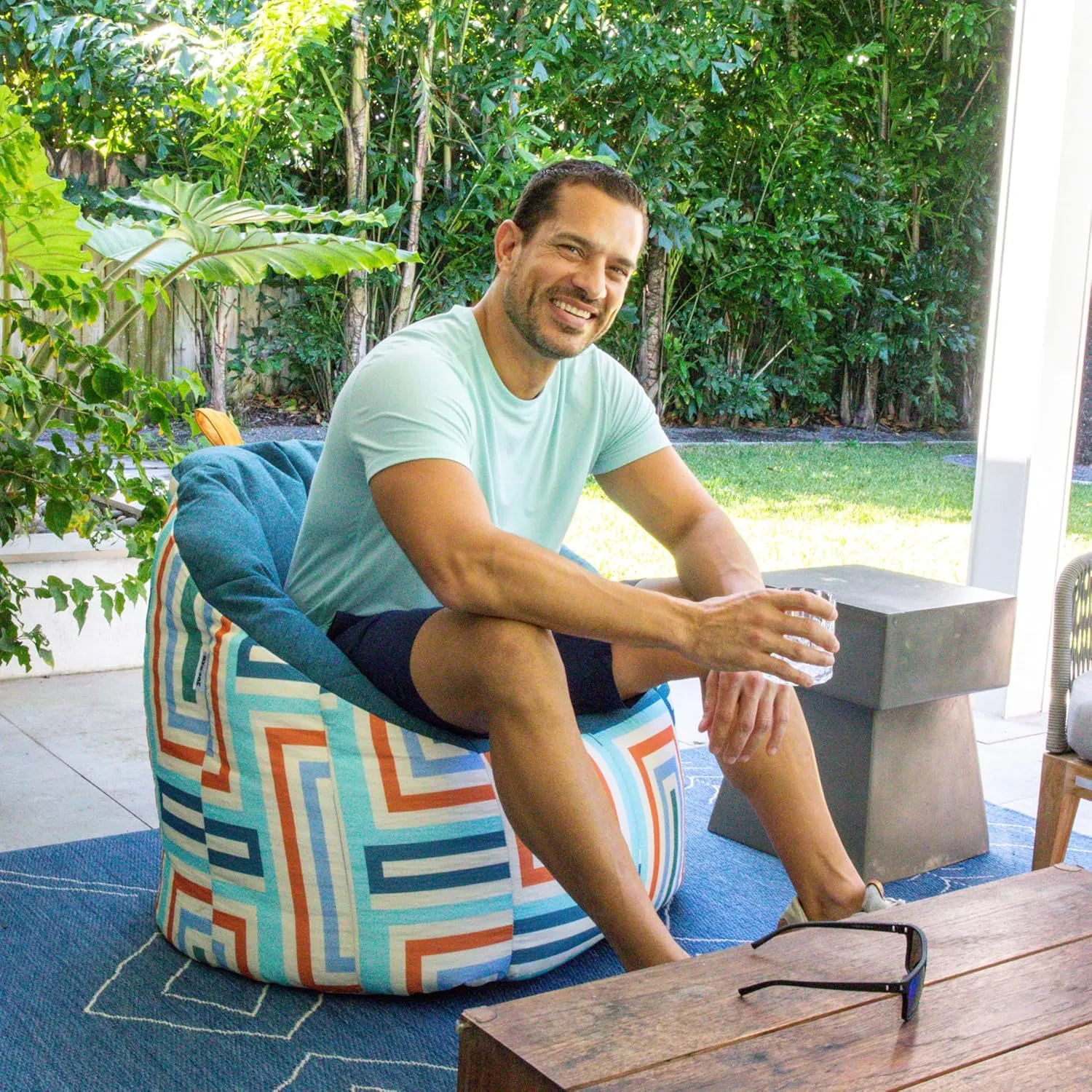 Big Joe Milano Patio Outdoor Weatherproof Bean Bag Chair, Lakeshore/Aqua Glass Block Intertwist/Sunmax, Weather Resistant UV-Protected Fabric, 2.5ft