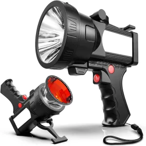BIGSUN Q984 Rechargeable Spotlight, LED Flashlight with Multifunctional Floodlamp, Built-in 14000mAh Battery Pack, Outdoor Handheld Flashlight with Red Lens for Home Security, Camping, Hunting