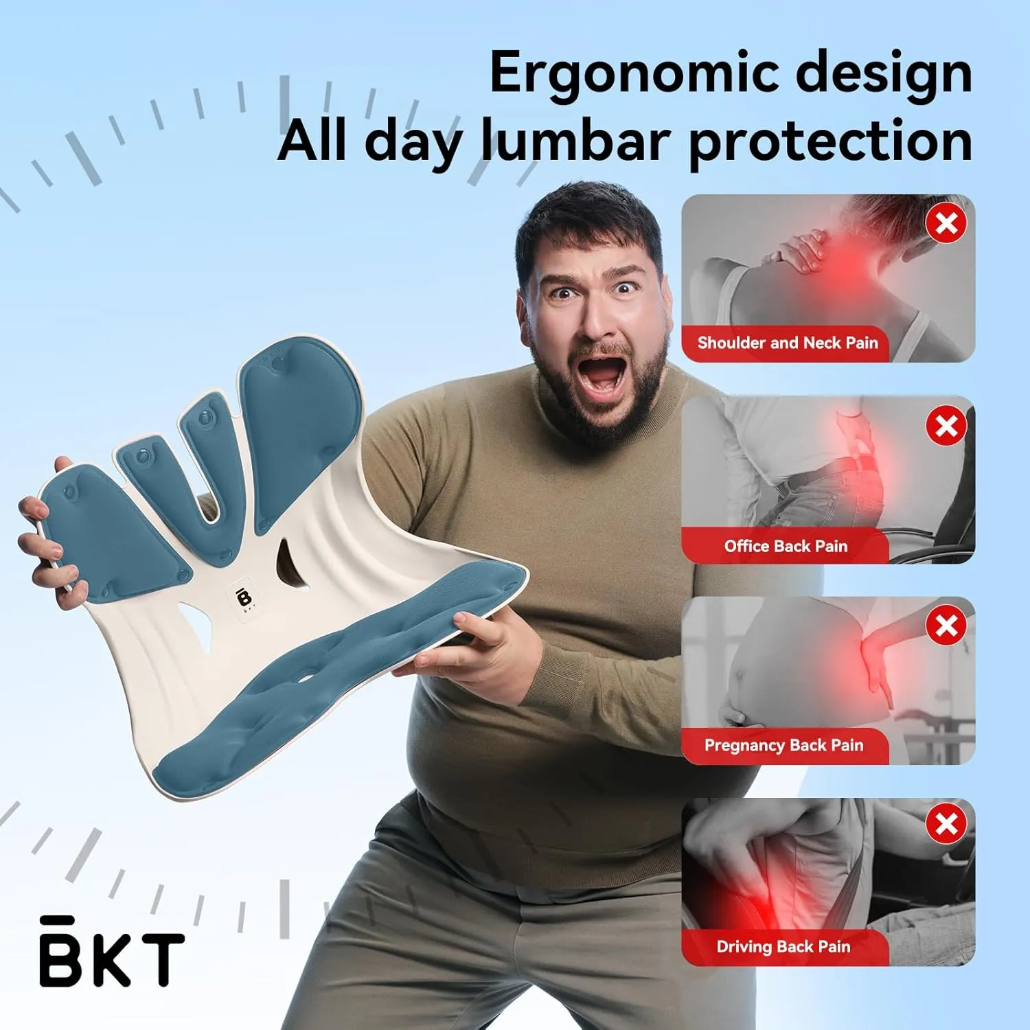 BKT Lumbar Support Seat Cushions Oversized Edition Ergoromic Office Chair for Students Office Workers Nursing Mothers Long Sitting Outdoor Fishing Floor Chair (Misty Blue, Oversized Edition)